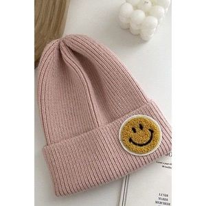 NEW**- Knit Ribbed Smiley Face Hat Beanie in Light Pink | OFFERS WELCOME